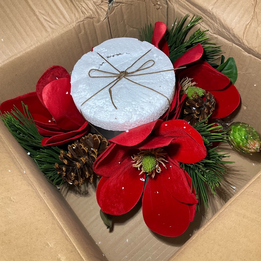 Nearly Natural Magnolia & Pine Candelabrum, Red,12'' x 7.5'' x 12''